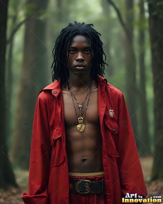 A man with dreadlocks wears a loose red shirt in a misty forest