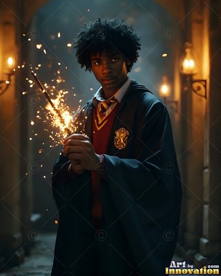 A young man with curly hair stands in a stone corridor, holding a wand sparking bright light