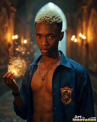 A young man holds bright yellow sparks in his open hand while wearing a dark blue shirt