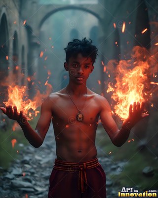 Facing forward in a stone alley, a shirtless young man holds fire in both hands