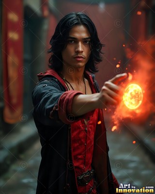 A dark-haired man in a red tunic points forward as fire sparks from his hand