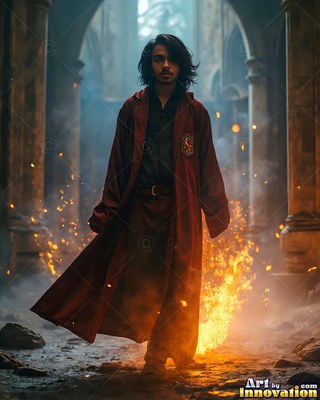 In a stone hall, a young man walks forward in a deep red robe with flames behind him