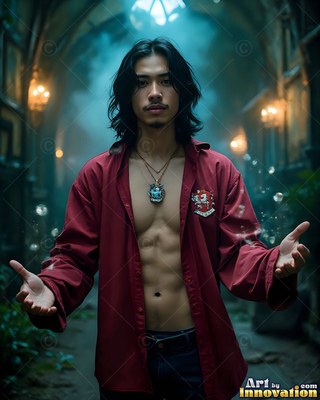 Holding his hands out, a man wearing an unfastened red shirt stands in a dim castle hall