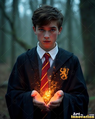 Young man in a black robe holding bright fire in cupped hands