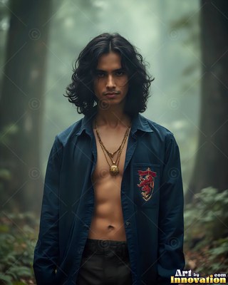 Wearing an unbuttoned navy shirt in a foggy forest, a man with wavy hair stands still
