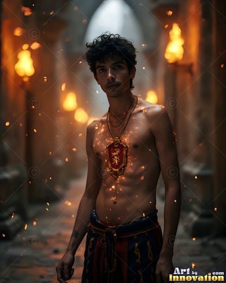 A shirtless young man stands in a stone hall lit by warm torches and floating sparks