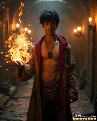 Facing forward in a dim stone hall, a young man clutches fire in his bare hand