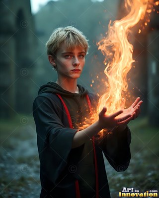 A young blond man in a black robe holds bright fire rising from his open hands