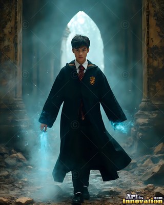In stone ruins, a young man walks forward wearing a black robe and school tie