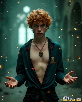 Standing with open hands, a curly-haired young man un buttons his dark green shirt