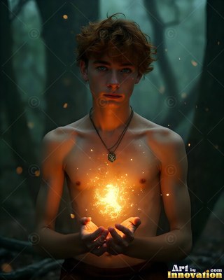A shirtless young man holds up bright yellow fire in dark woods