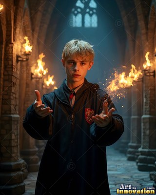 Wearing a black robe with a red crest, a young blond man casts fire in a stone hall