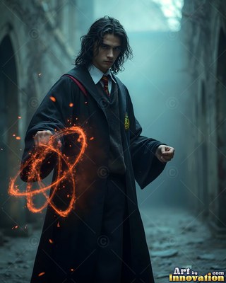 A young man casts fiery orange loops of magic from his hand in a foggy stone hall