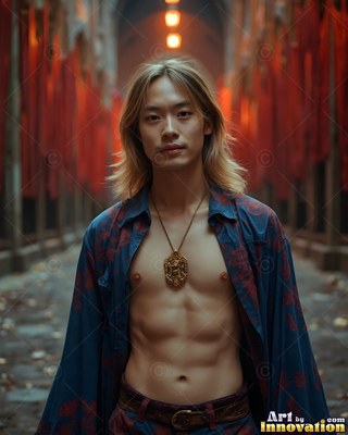 Facing forward, a shirtless man stands in a stone hall lined with red banners
