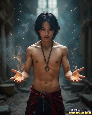 A shirtless young man grips out hands filled with bright sparks in a stone hall