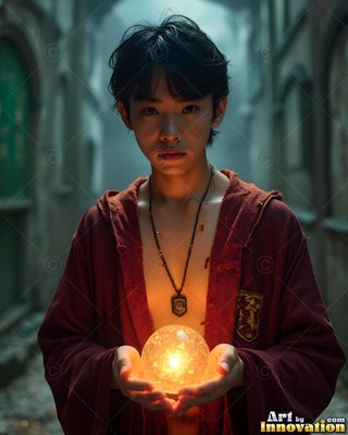 In a dim stone alley, a young man in a parted bright red robe holds a bright orb