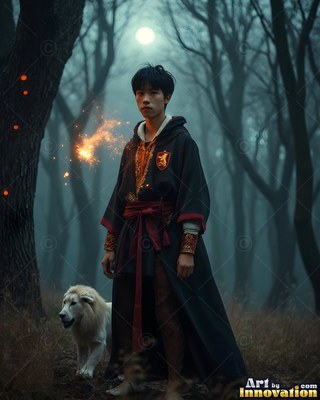 Standing in dark woods, a young man in black robes walks beside a small white lion