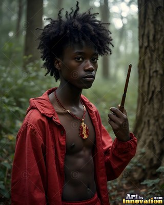 Young Black man in an unzipped red shirt holds a wand in misty woods