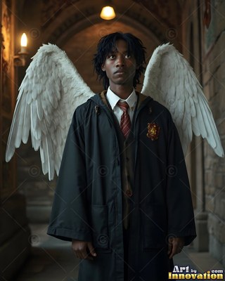 A dark robe wraps around a young winged man in a dim stone corridor with warm lamps