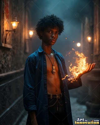 A young man holds bright flames in his hand inside a dim hallway lit by warm lamps