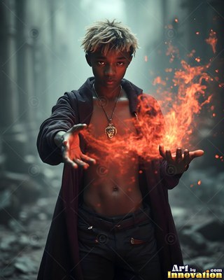 Facing forward in misty ruins, a young man grips fire in his bare hands