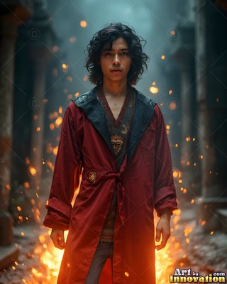 A young man in a scarlet robe stands inside a stone hall surrounded by bright sparks