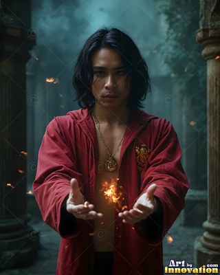In a stone courtyard, a dark-haired man in a red robe holds fire between his hands