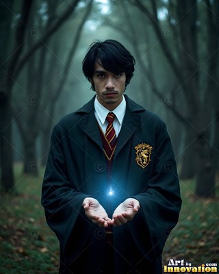 Holding a blue spark in cupped hands, a young man wears a black school robe in a forest