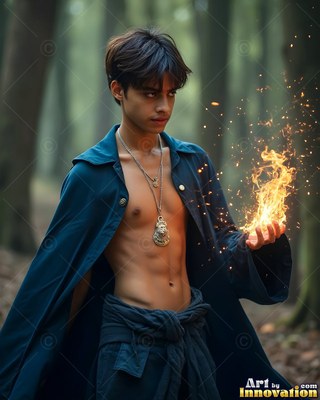 Young shirtless man in a dark blue cape holding fire in his hand