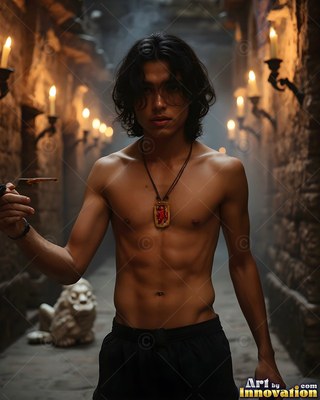 Wearing a red pendant, a shirtless man walks down a stone hallway lit by candles