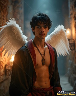 A winged young man stands in an open robe lit by soft lantern light