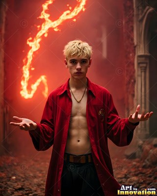 Standing with open hands in a stone ruin, a young man wears an open red cloak