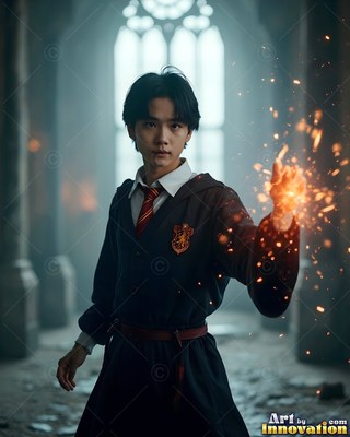 A young man in school robes holds out a hand full of bright sparks in a stone hall