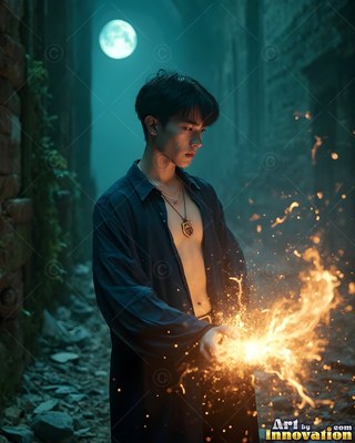 In a dark stone alley, a man with an open shirt conjures bright fire in his hand