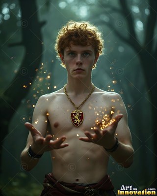 Holding out bare hands full of sparks, a shirtless man stands in a dark woods