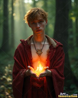 Young man in a red robe holds fire in cupped hands in a forest