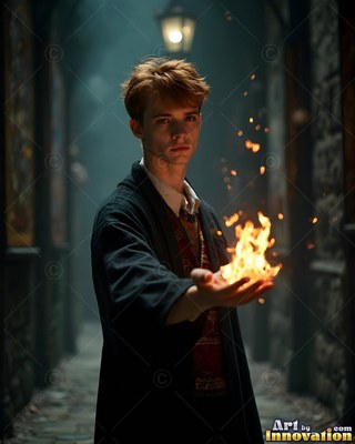 Messy red hair tops a young man in a dark robe holding fire in a stone hallway