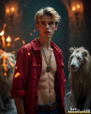 A young man in an unfastened red shirt stands beside white lions under warm orange torchlight