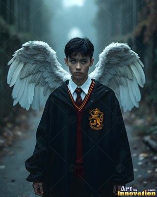 Standing facing forward outdoors, a young man with white wings wears a dark school robe