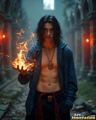 A shirtless young man clutches bright orange flames in his hand in a stone hall