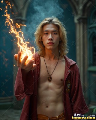 In a dim stone hall, a blond man holds bright fire in his open hand