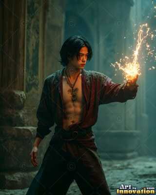 Casting yellow sparks from his hand, a man wearing an unfastened robe stands in a dim stone hall