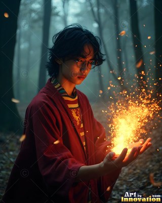 A young man in glasses holds bright fire sparks in a dark forest