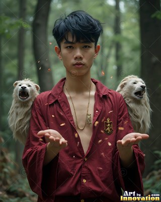 In an open red shirt, a young man stands in a green forest with small white lions on his shoulders