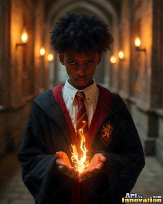 A young man carries bright yellow flames in his cupped hands, lit by warm wall torches