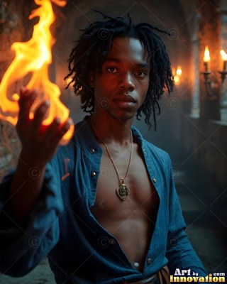 Facing forward in a dim stone hall, a young man grips fire in his hand