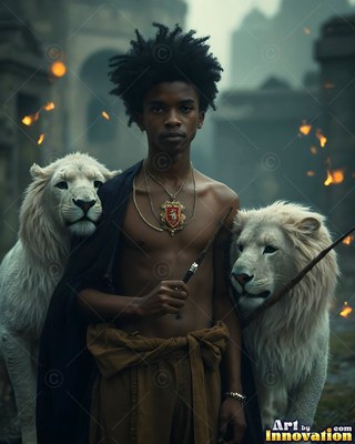 A shirtless young man clutches a small wand while flanked by two white lions outside