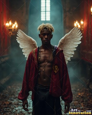 In a dim stone hall, a winged young man stands wearing an unfastened red jacket