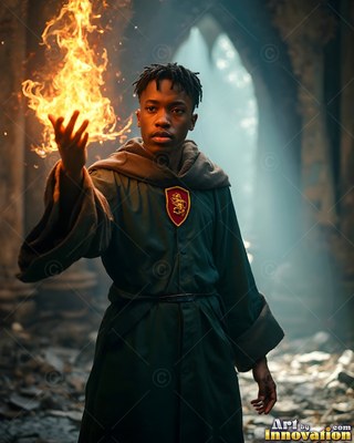 Holding fire in his raised hand, a young Black man wears dark green robes in a ruin