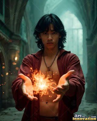 Young man in a red open shirt holds fire in his hands